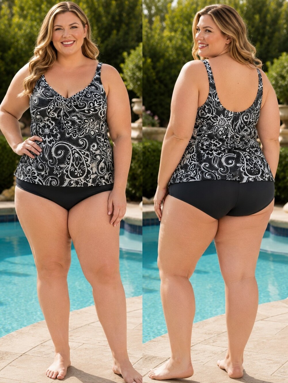 🌹Black and White Paisley-Print Tankini Top With Side Ties, Size 16